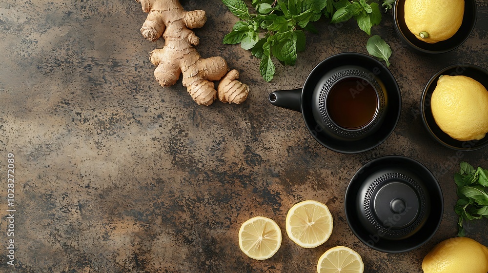 Aufkleber ginger and lemon tea in black cups tea pot grey dark background copy space top view : generative ai
