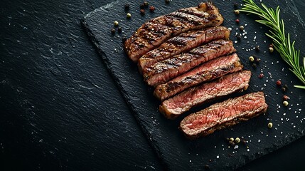 Grilled sliced beef steak on slate stone table Top view Copy space : Generative AI