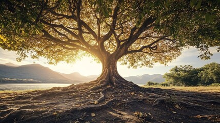 Majestic Tree with Exposed Roots at Sunset