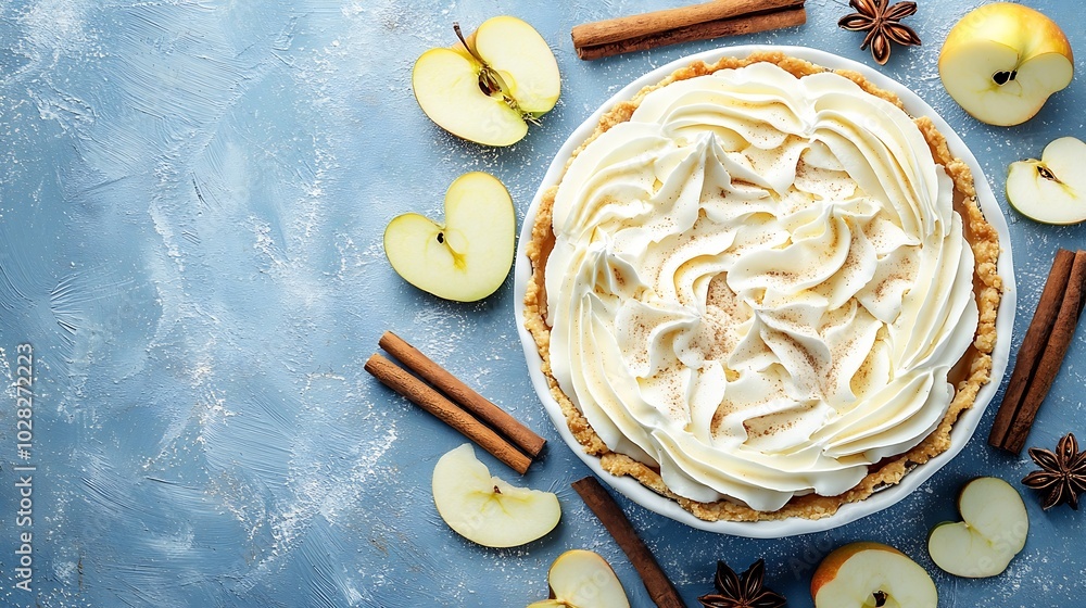 Poster apple pie with cream and cinnamon sticks on a blue background top view copy space : generative ai