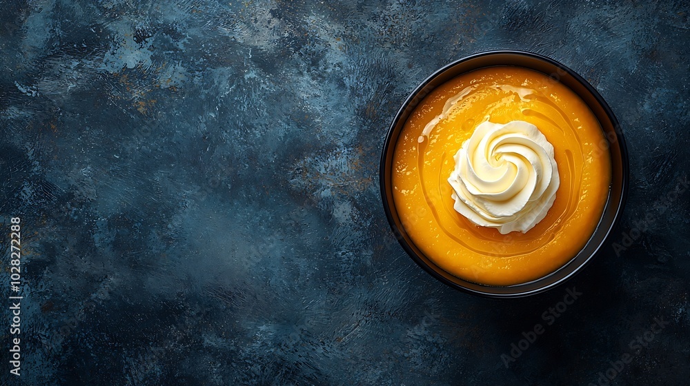 Poster butternut squash soup with cream in black bowl dark background top view : generative ai