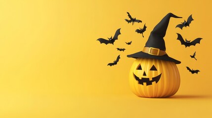 Fototapeta premium Halloween Pumpkin with Witch Hat and Bats
