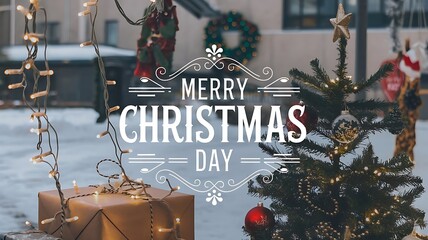 A banner with text merry christmas day in gift box, christmas tree, decoration background