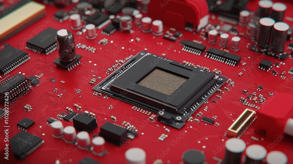 Poster Red Circuit Board with Processor Chip   Technology Background