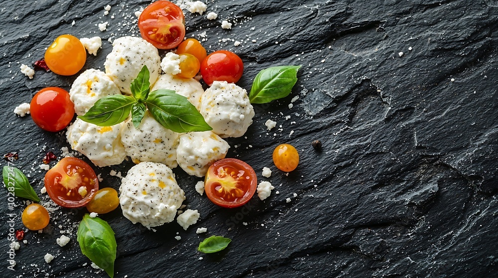 Poster Mozzarella cheese balls with tomatoes and basil Dark slate background Top view : Generative AI