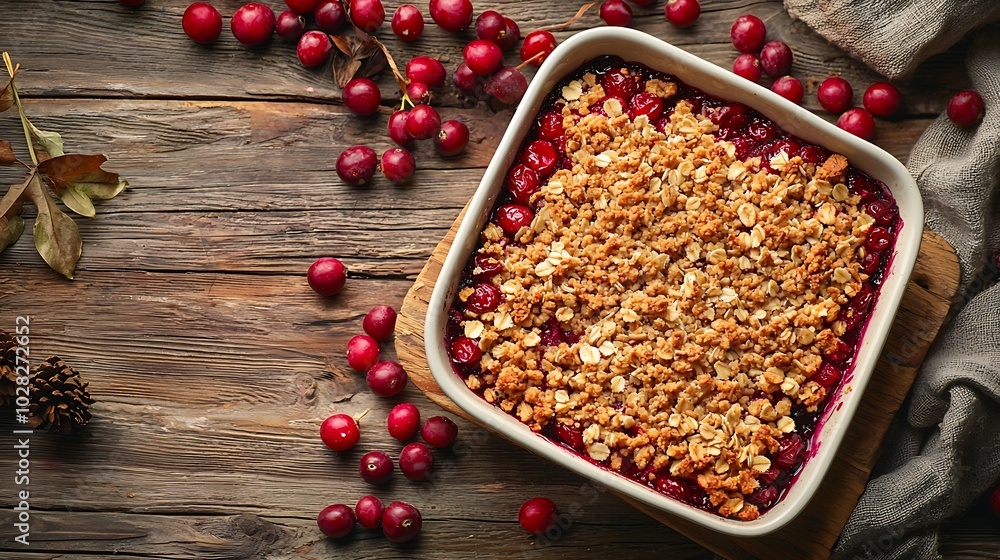 Aufkleber cranberry crumble crisp in a baking dish wooden background top view : generative ai
