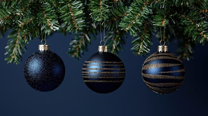 Blue Christmas Ornaments Hanging on Fir Branch Against Dark Blue Background