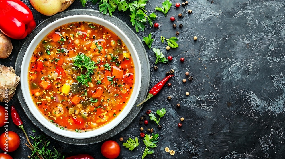 Poster chicken soup with vegetables in white bowl grey stone background top view : generative ai