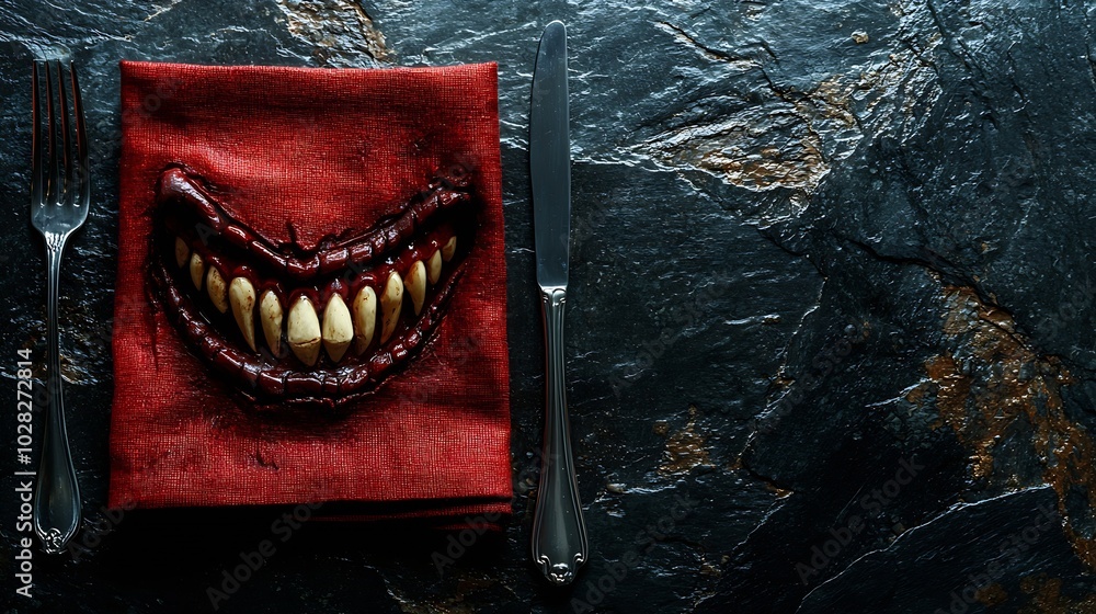 Poster Halloween hollyday table setting decoration with vampire teeth and red napkin Black slate background Copy space Top view : Generative AI