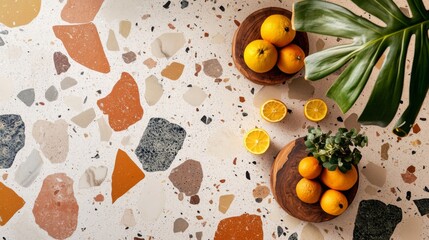 Oranges on Terrazzo Tile with Green Plant