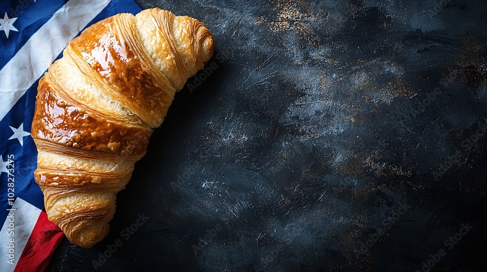 Poster fresh croissant with french flag on marble table background top view copy space : generative ai