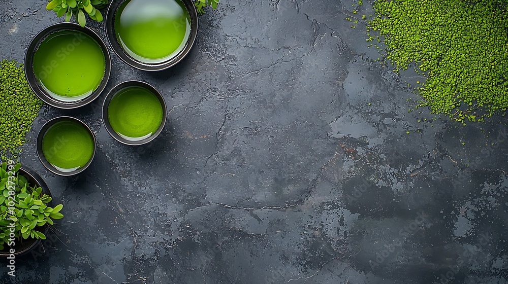 Poster green tea in tea pot and bowls cups on slate background top view : generative ai