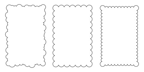 Scallop frame set. Different wavy shapes with squiggly edge border. Zig zag stamps or wiggle stickers for photo, badge, tag design. Curvy labels isolated on white background, editable stroke.