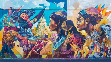 Colorful Mural with Three Female Figures