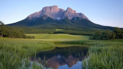 Majestic Mountain Reflection in Still Water  Lush Meadow  Serenity Landscape