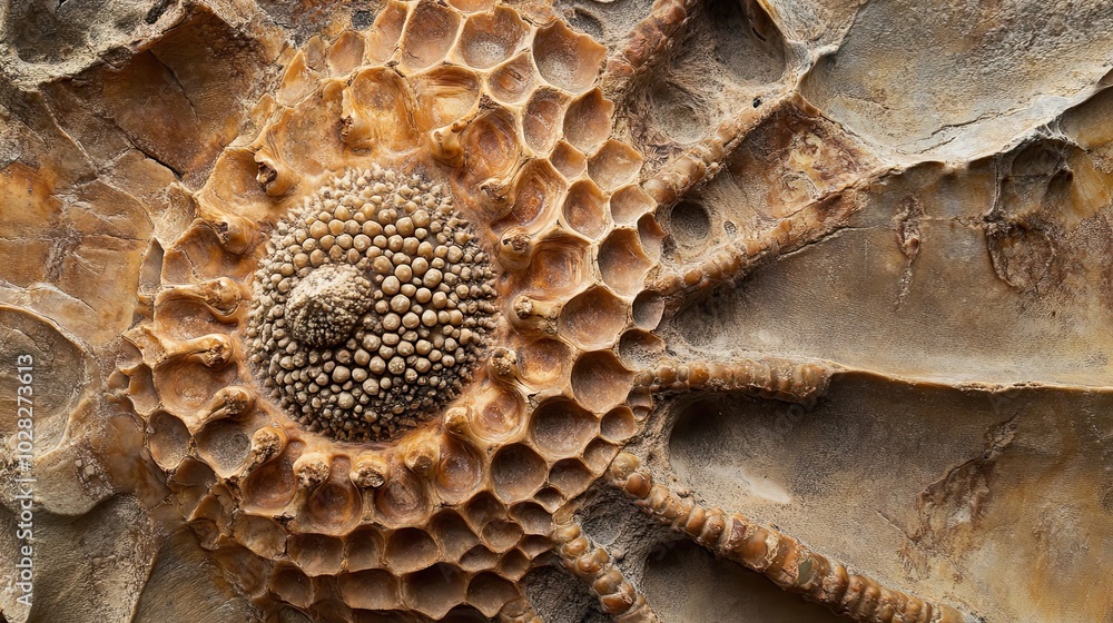 Poster close-up of a fossilized ammonite shell with intricate patterns