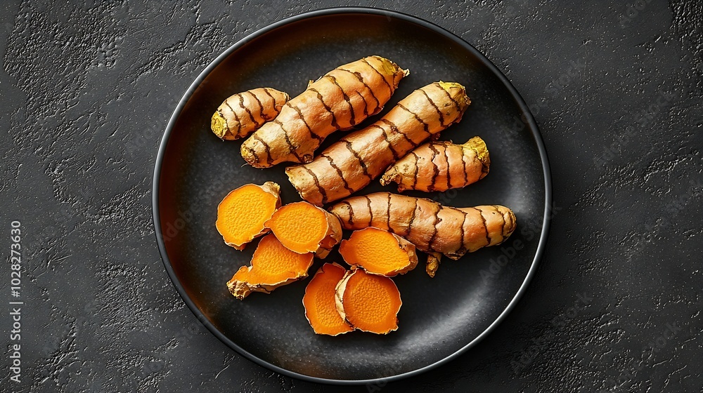 Poster fresh turmeric curcumin tumeric roots on a black plate superfood product dark background close up to