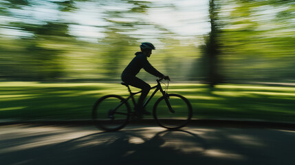 Naklejka premium Electric bike rider zipping through a park pathway, captured in motion blur to highlight the speed and energy of the ride