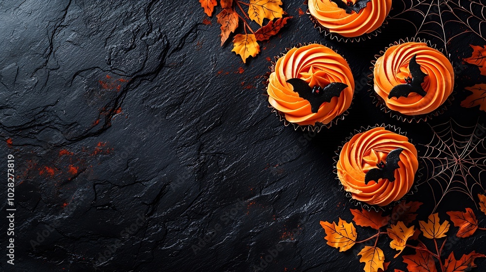Aufkleber halloween cupcakes with colourful decoration black slate background copy space top view : generative