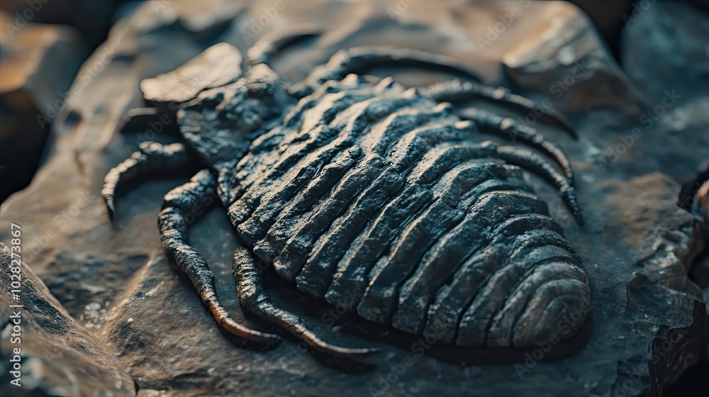 Poster fossilized trilobite with segmented exoskeleton in rock
