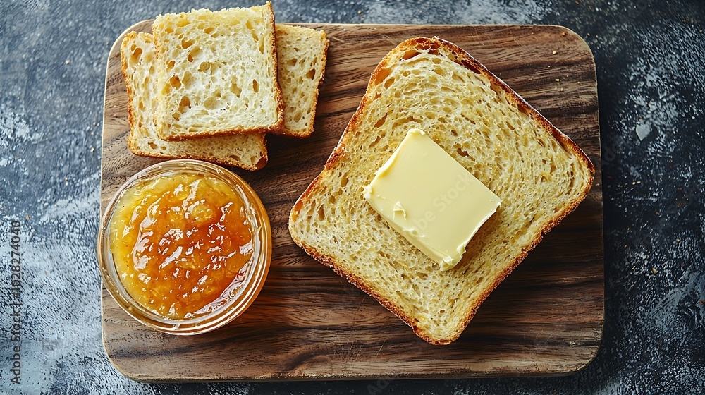Poster sourdough bread on wooden cutting board with butter and orange jam grey background top view close up