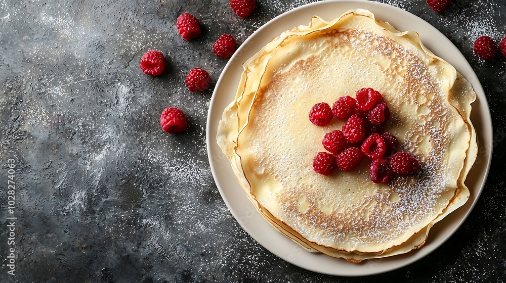 Poster Crepes thin pancakes with raspberry on white plate Marble background Top view Copy space : Generative AI