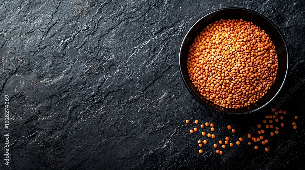 Poster red lentil in a black bowl on grey stone background top view copy space : generative ai