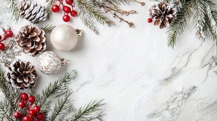 Elegant Christmas Decorations with Pinecones and Ornaments on Marble Background