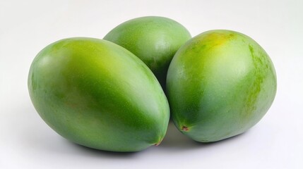 Obraz premium Three Green Mangoes on a White Background
