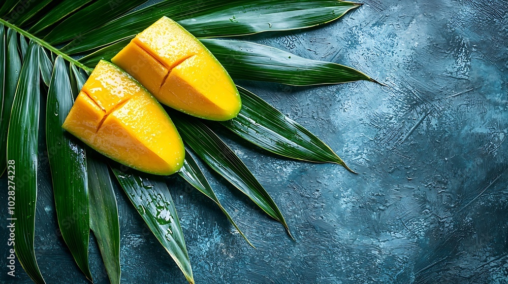Poster fresh mango on a palm leaf blue background top view : generative ai