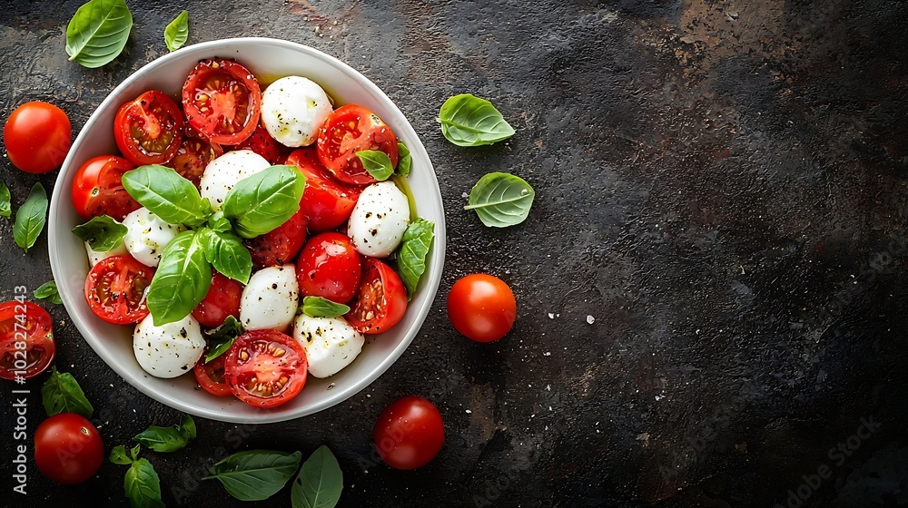 Poster caprese salad with tomatoes mozzarella cheese basil dark background copy space top view : generative