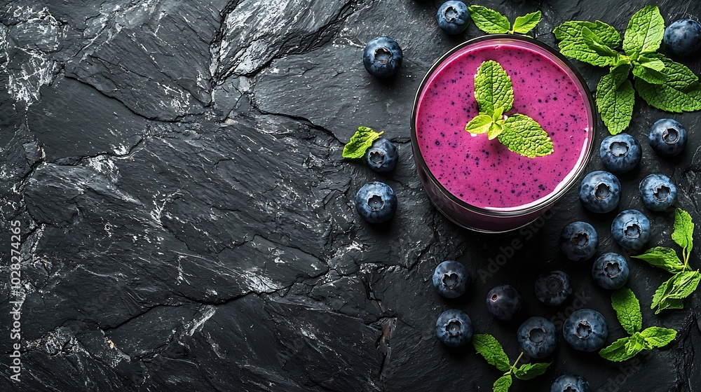 Poster berry smoothie with fresh blueberries on a black stone background copy space top view : generative a