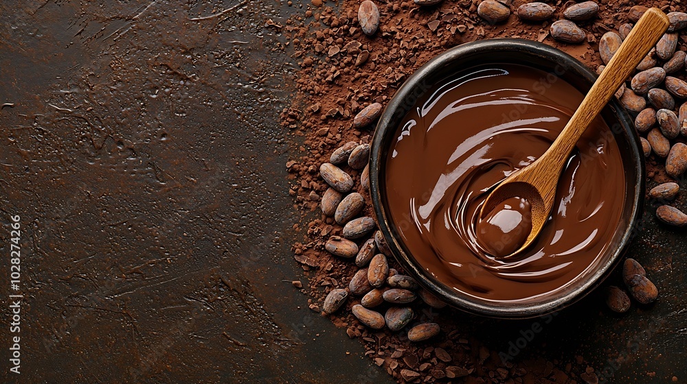 Poster bowl of melted chocolate and wooden spoon on a crushed raw cocoa beans nibs background copy space to