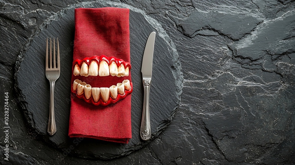 Poster Halloween hollyday table setting decoration with vampire teeth and red napkin Black slate background Copy space Top view : Generative AI