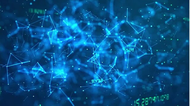 Abstract digital network with glowing lines and numbers in a blue background.