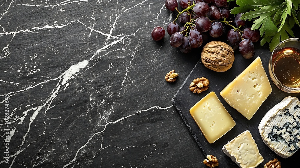 Poster Assortment of cheese with honey nuts and grape on a modern cutting board slate background : Generative AI