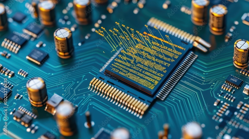 Poster close up of microchip with data flow on circuit board