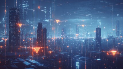 Futuristic Cyberpunk Cityscape with Neon Lights and High-Rise Buildings