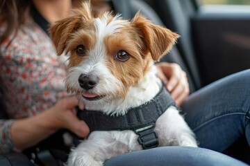Woman Fastening Dog In Car With Safe Belt, Generative AI