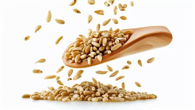 Close up of pine nuts falling from a wooden spoon isolated on a white background.