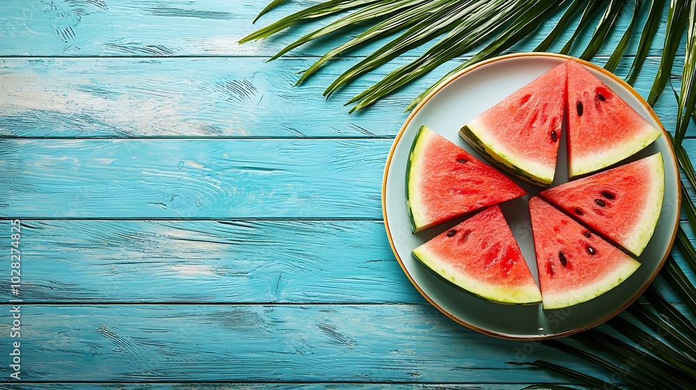 Aufkleber watermelon slices and juice on a plate colorful wooden background with palm leave top view : generat