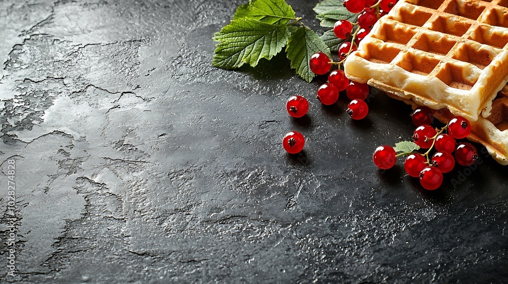Poster belgian waffles with fresh red currant berries dark slate background copy space : generative ai