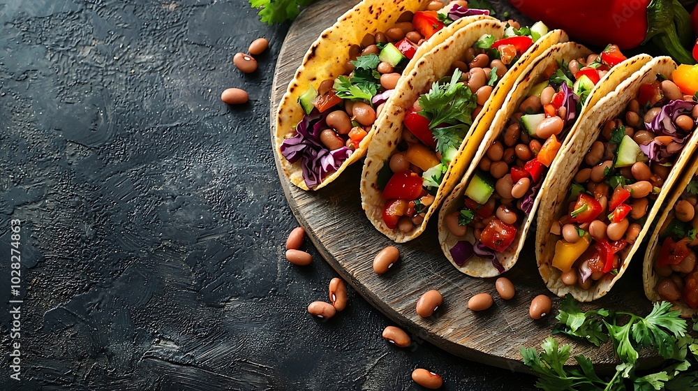Poster taco with mixed vegetables beans on cutting board grey background top view : generative ai