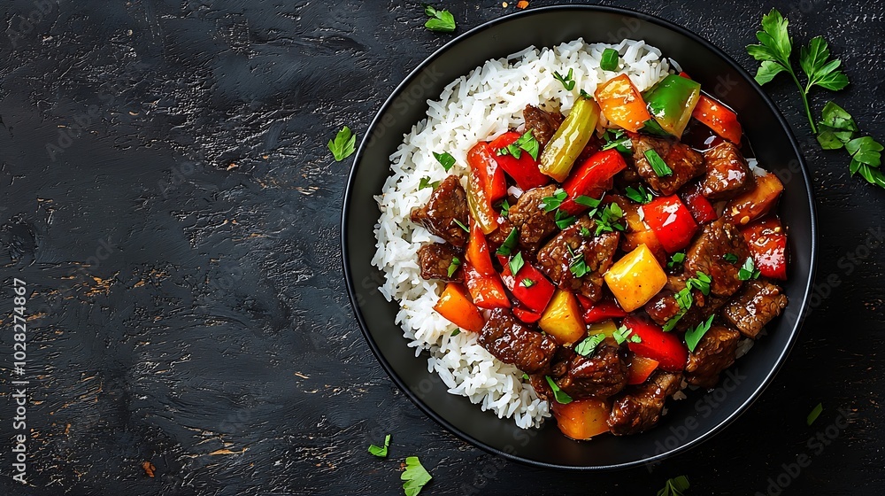 Poster beef and vegetables stir fry with white rice in a black bowl grey background close up top view : gen