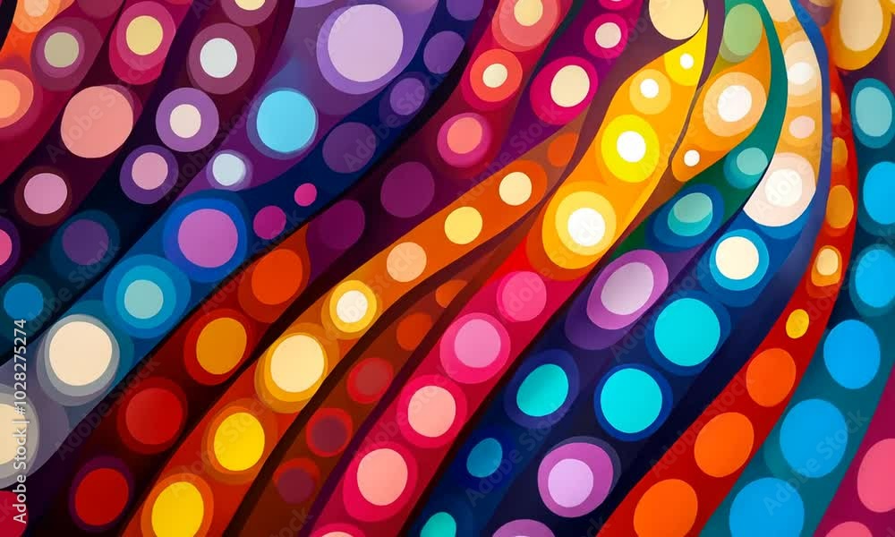 Poster a vibrant abstract design featuring colorful dots and flowing shapes.