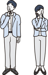 腕を組んで考える女性と男性の会社員のシンプルなイラスト素材
