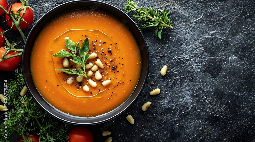 Aufkleber tomato soup with fresh herbs and pine nuts in a bowl grey stone background top view : generative ai