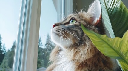 Curious Cat Gazing Through Window with Green Plant   Pet Portrait  Domestic Animal