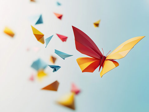 Abstract origami butterfly flying in the air