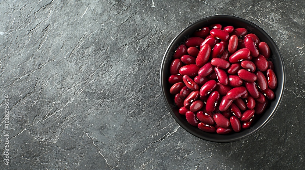 Poster red kidney beans in a black bowl on grey stone background top view copy space : generative ai